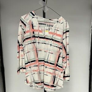 Van Heusen Women's Plaid V-Neck Blouse - Pink, Black, and White. ART!!